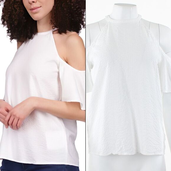 Michael Michael Kors  Petite Seersucker Cold-Shoulder Top - Picture 1 of 5